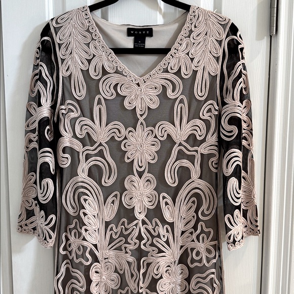 Weavz Champagne Cording on Black Mesh V-Neck Vintage Dress - Picture 1 of 9